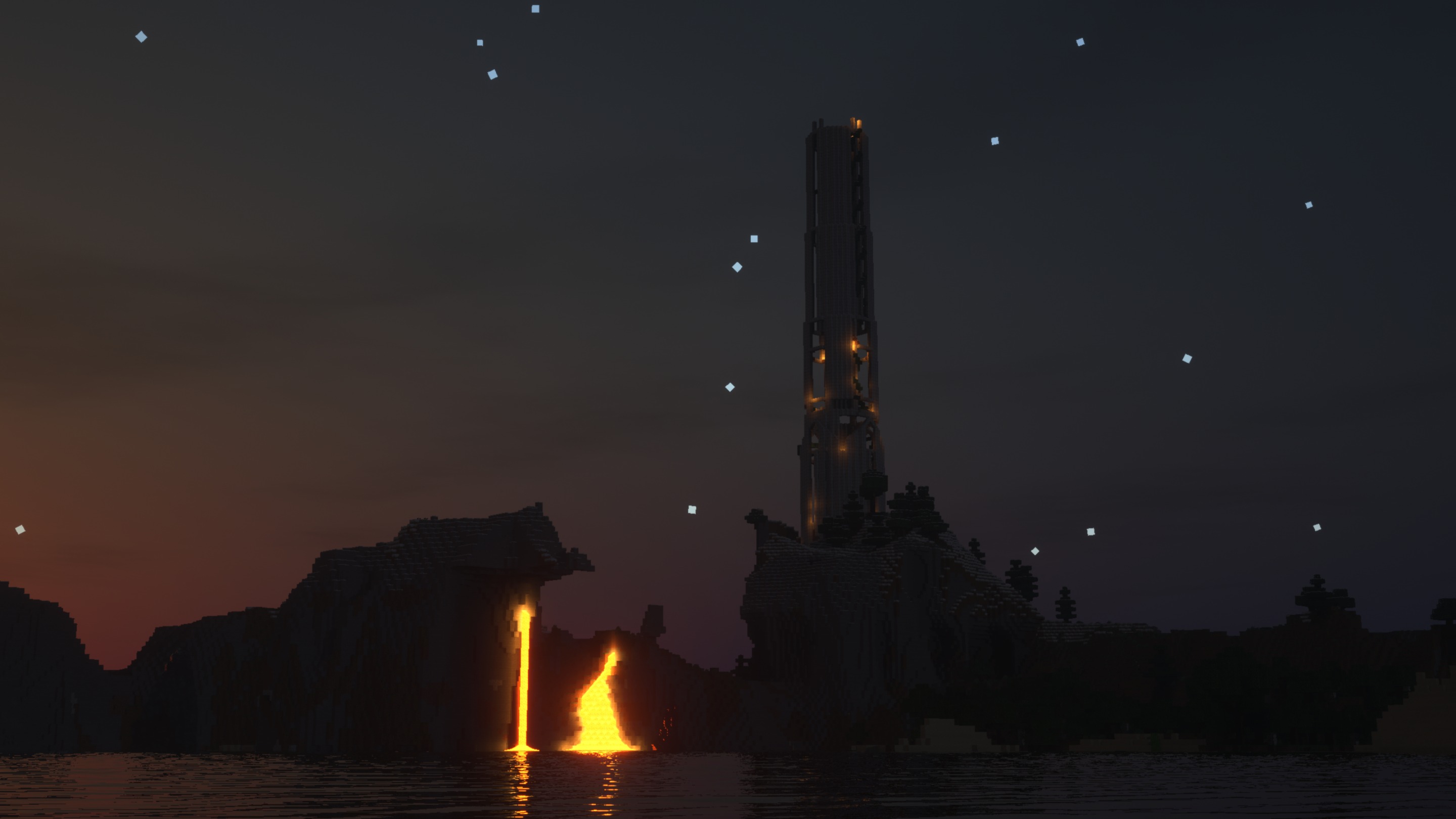 A pixelated landscape features a dark tower and flowing lava against a starry night sky. The scene has a digital art style, reminiscent of a video game environment.